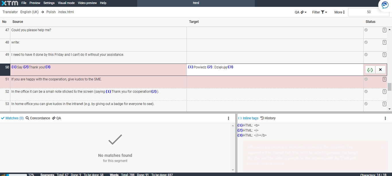 Inline tags correction in XTM