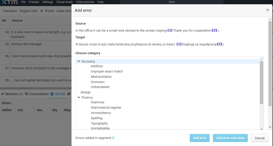 LQA feature in XTM Workbench