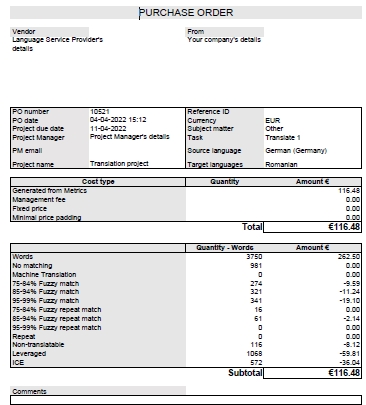 Sample Purchase Order from XTM